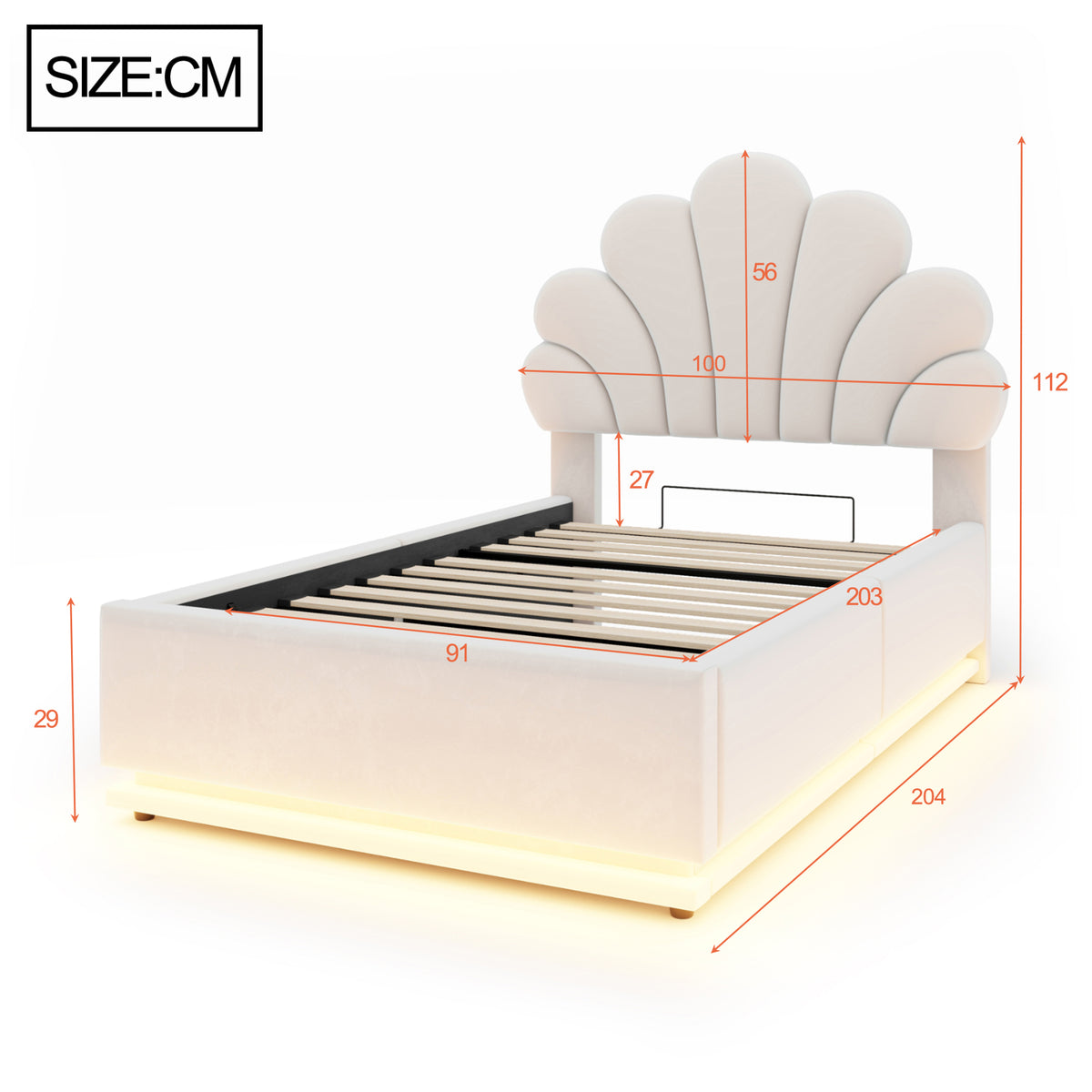 Upholstered Bed 90x200cm, Flower Headboard & Storage, Beige Velvet