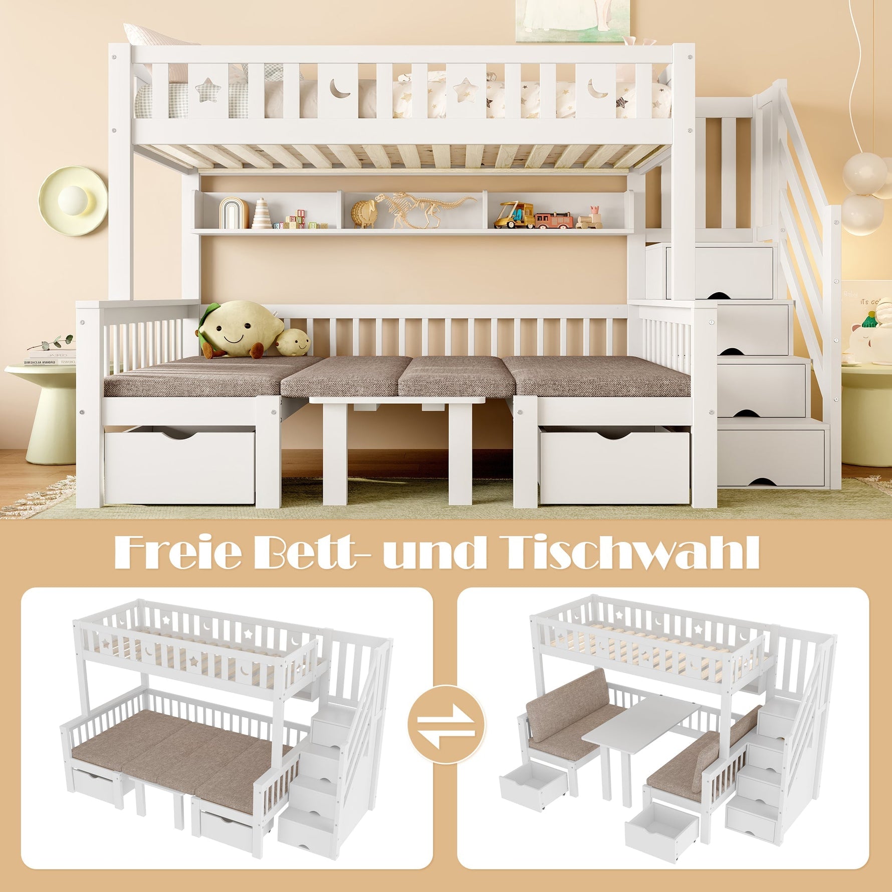 Multifunctional Loft Bed, 90x200cm 2-in-1 Bed & Desk Storage Ladder, White
