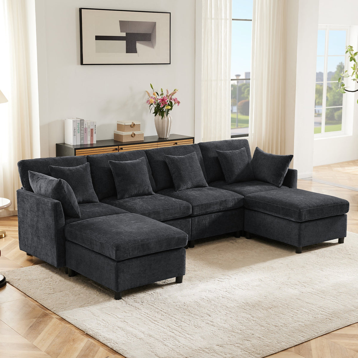 Modern Modular Chenille Sofa L-Shaped U-Shaped Detachable Footstool, Chenille Fabric