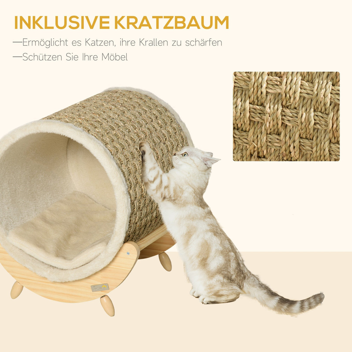 PawHut Cat Cave with Shelf Bed Scratching Pad, Pinewood Flannel, Khaki Natural & Beige