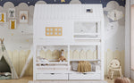 Children's Bunk Bed with Roof, Windows & Drawers, White Pine