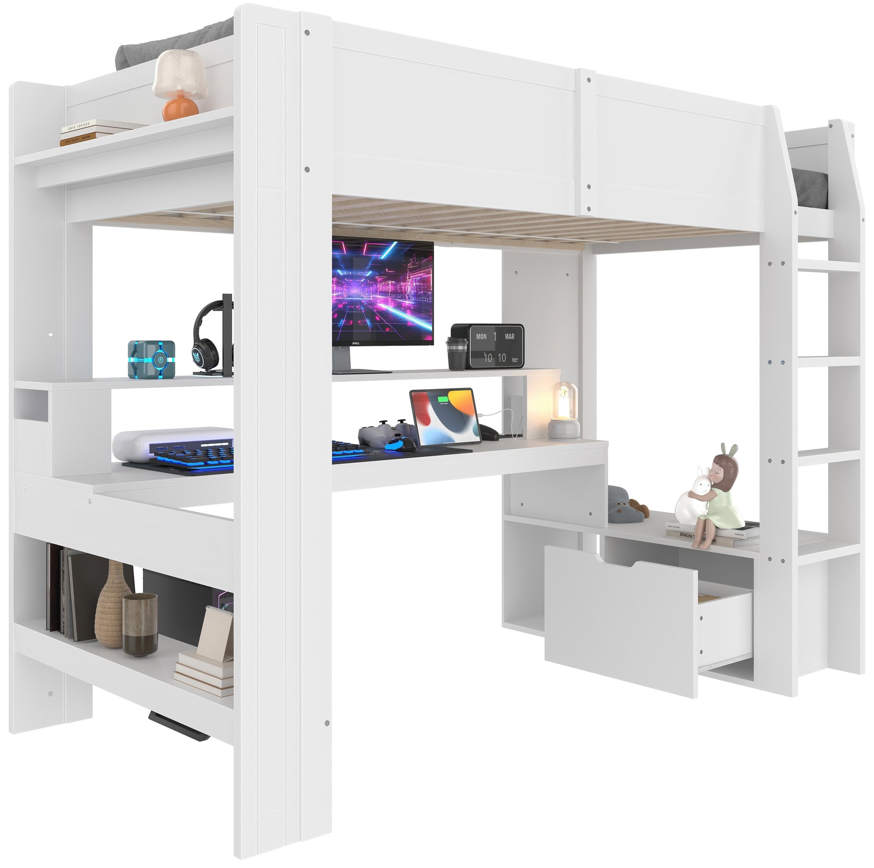 Loft Bed with Gaming Desk, LED Lights and Storage Shelves, White
