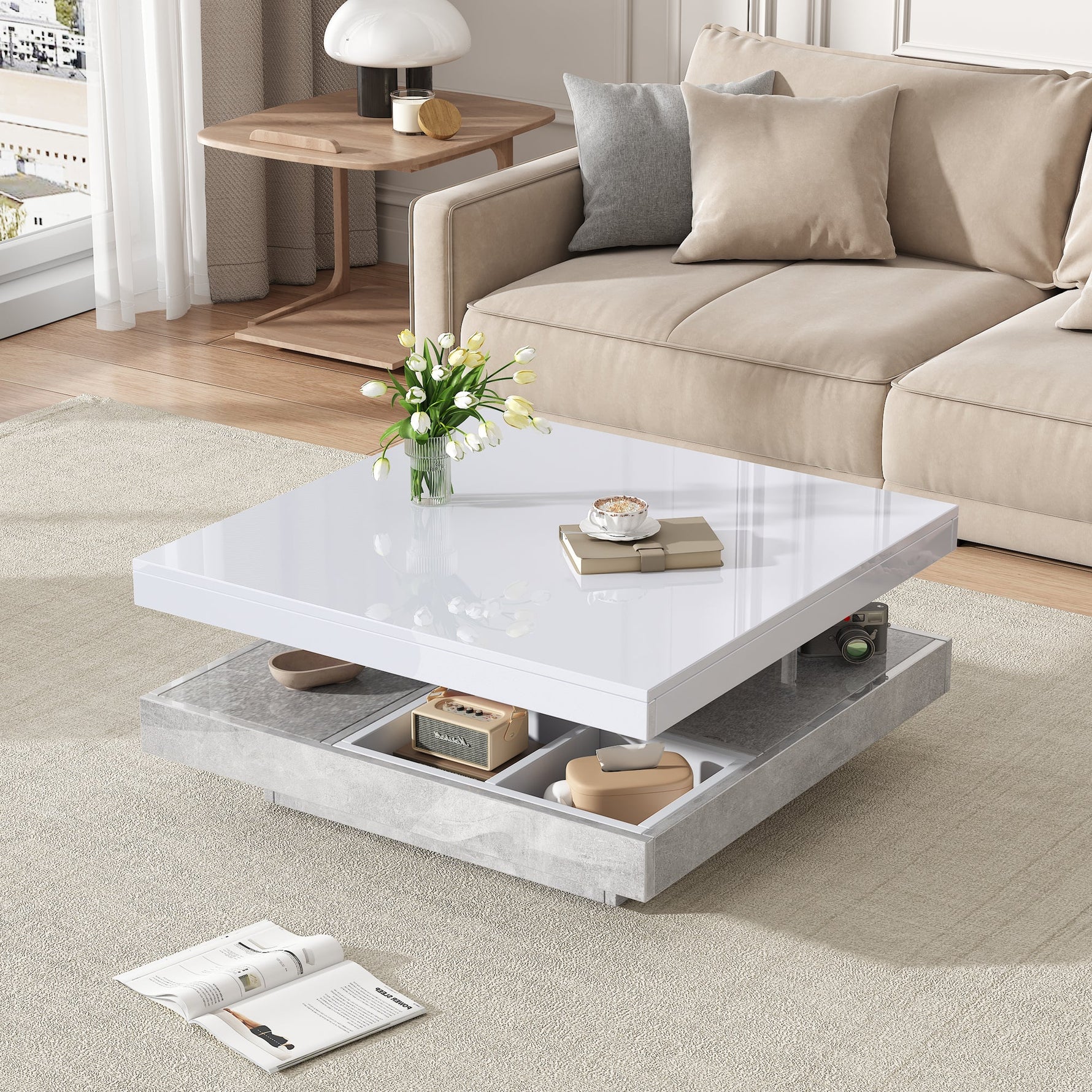 Double Coffee Table, High-Gloss 360° Swivel Top with Storage, White Marble