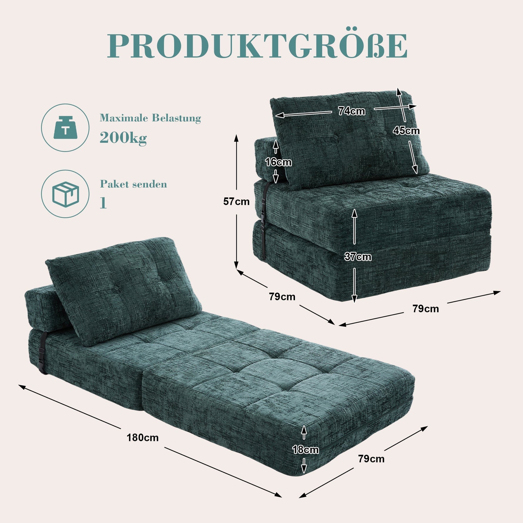 Folding Sofa Bed with Pillows, Foldable Mattress & Backrest, Portable Floor Sofa