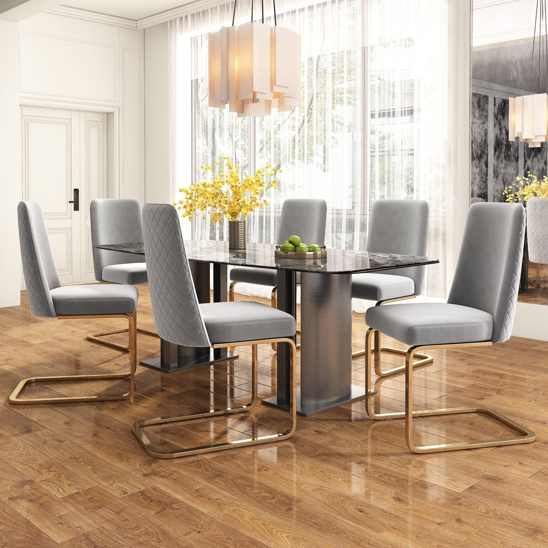 Velvet Dining Chair Set of 4, Diamond Back Design with Gold Metal Legs, Grey