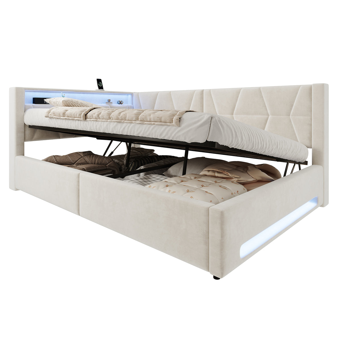 Upholstered Bed 140x200cm with Storage & LED Light in Beige Velvet