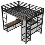 Loft Bed 140x200cm with Storage, Wardrobe & LED, Black Metal
