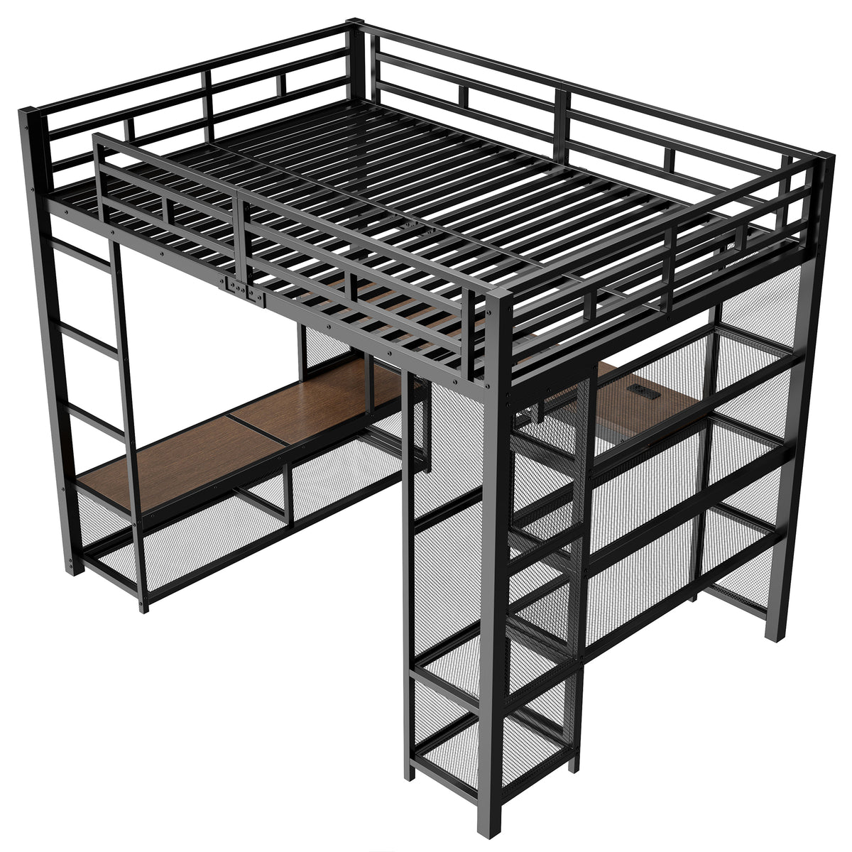 Loft Bed 140x200cm with Storage, Wardrobe & LED, Black Metal