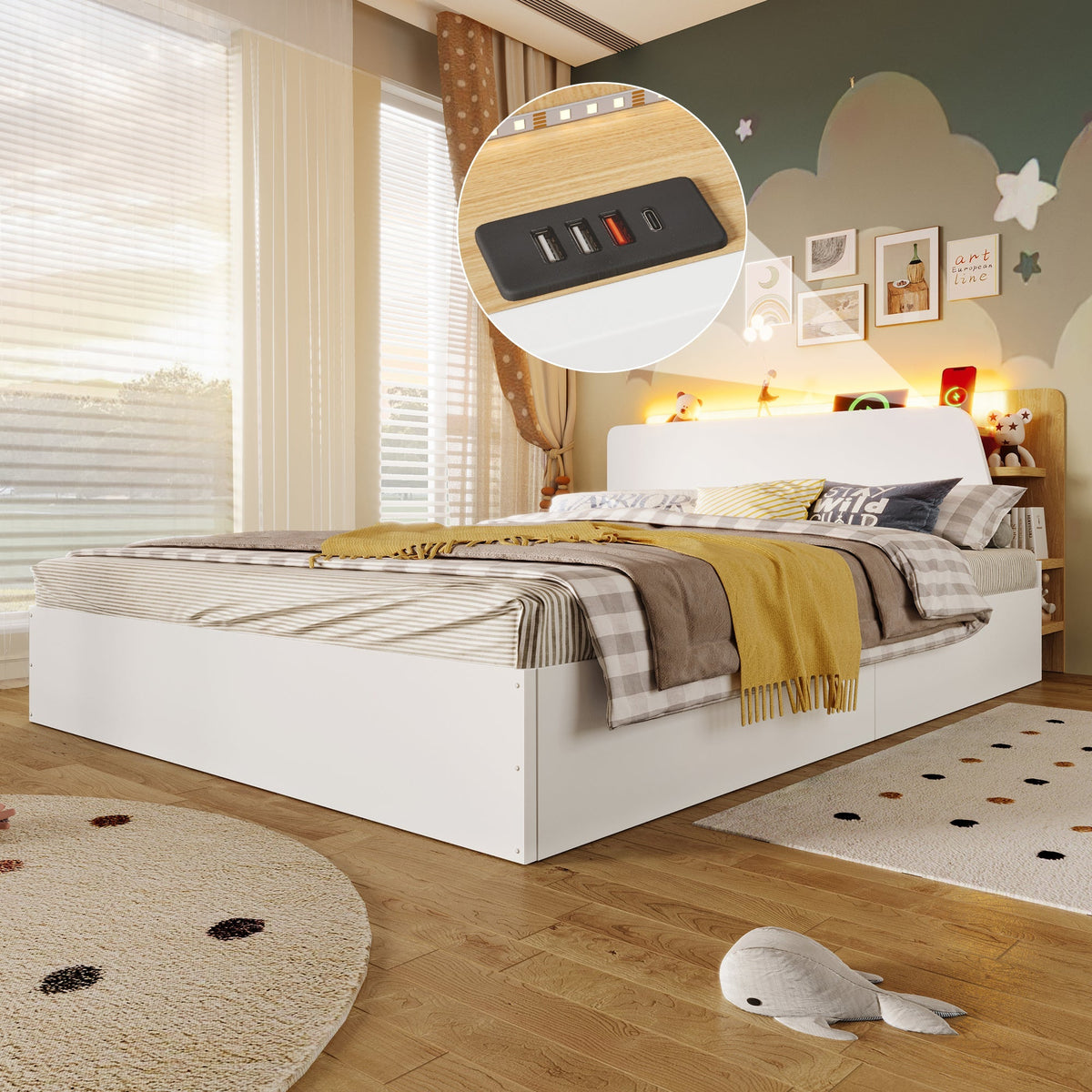 Panel Bed 140x200cm Hydraulic Storage USB-C LED Lighting White/Natural