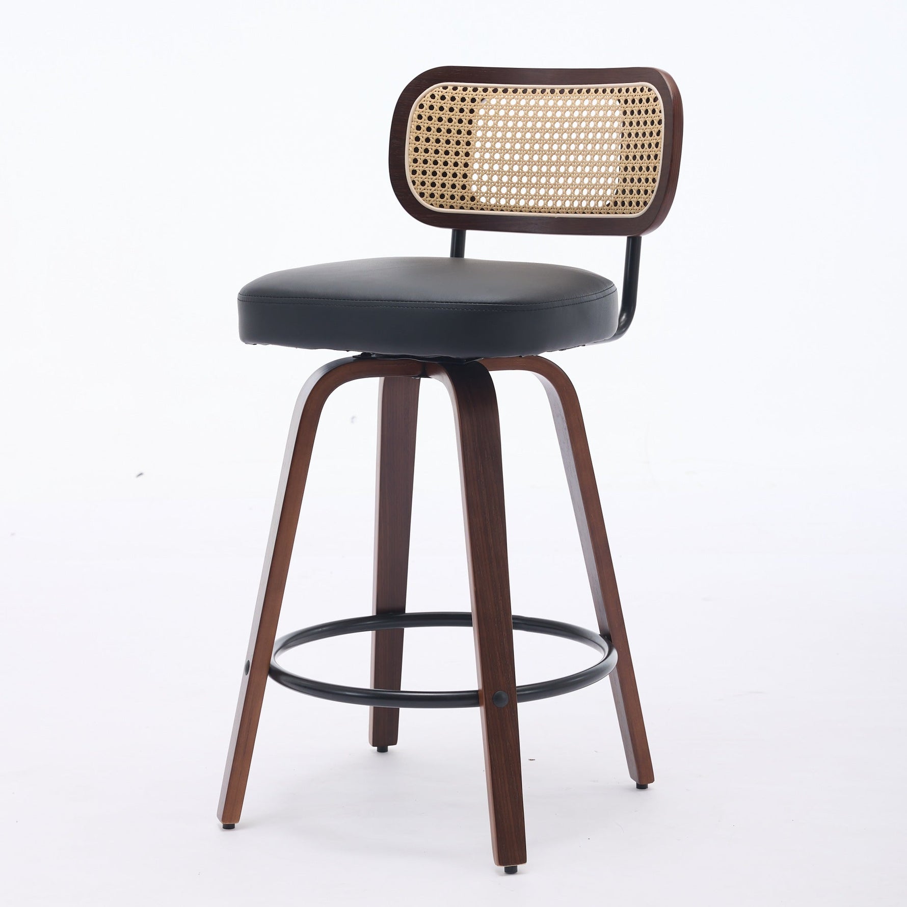 Set of 2 Counter Height Bar Stools with Swivel and Rattan Cane Back, Walnut Black