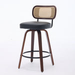 Set of 3 Counter Height Bar Stools Swivel Rattan Cane Back 26 inch Upholstered Seat Walnut Black