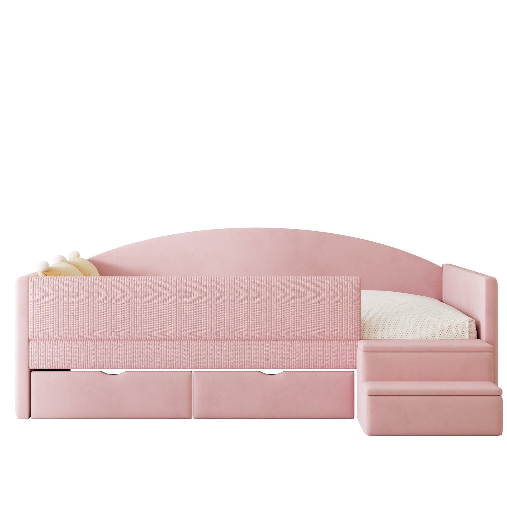 Upholstered Sofa Bed with Two Drawers, Railings and Steps, 90x190cm, Pink Velvet
