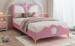 Kids Upholstered Bed 90x200cm Crown Headboard, Pink & White