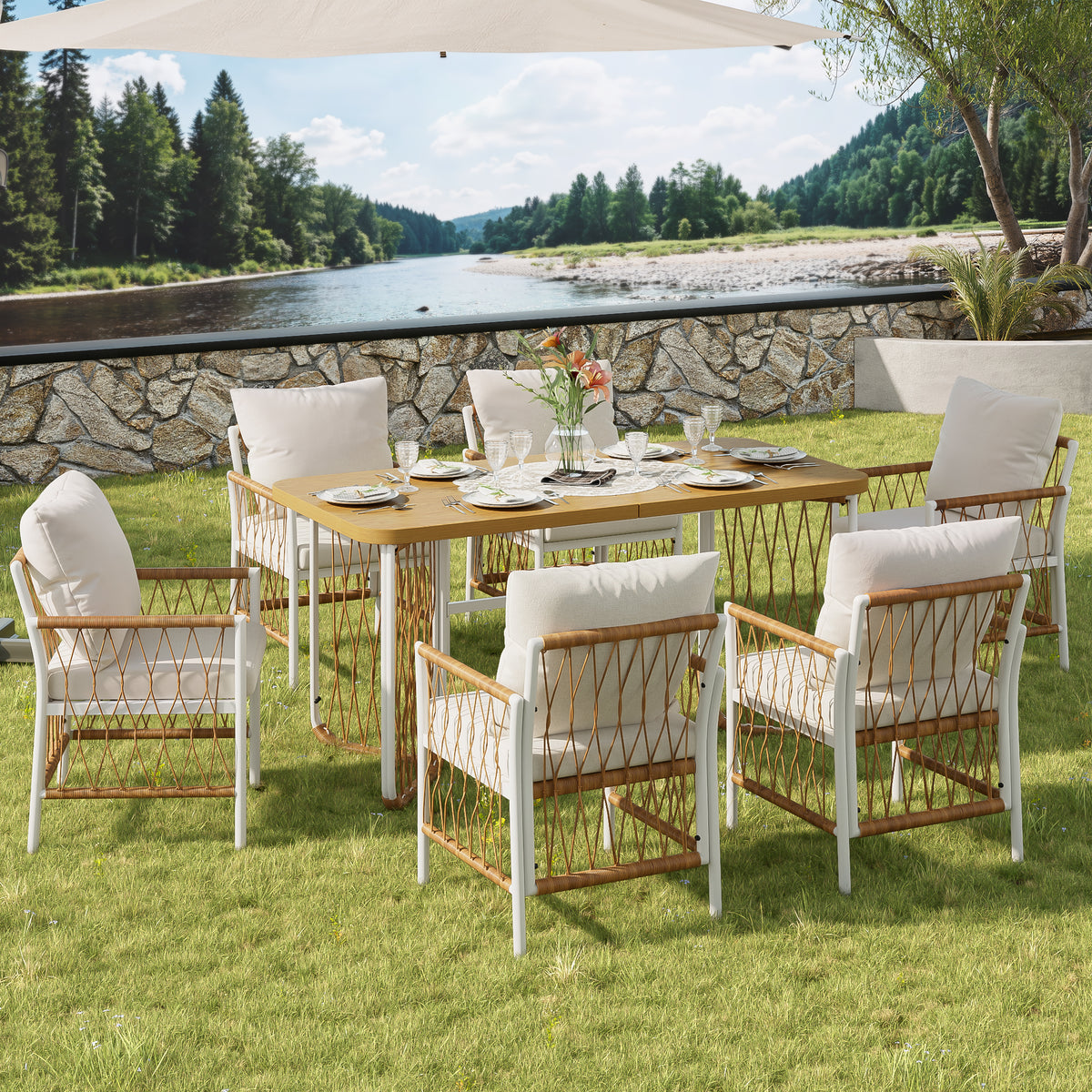 Modern Outdoor Patio Set with Cushions & Woven Armrests, Iron