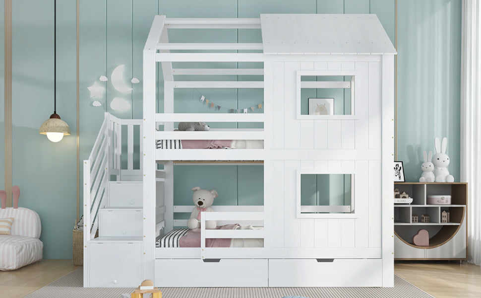 Bunk Bed with Stair Wardrobe, Storage, Window/Roof, 90x200cm, Pine/MDF/Plywood White
