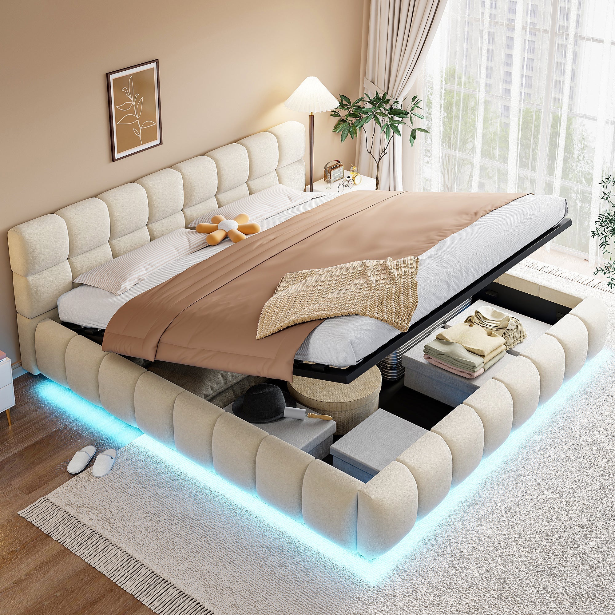 Upholstered Double Bed with Light Strip and Hydraulic Storage, 180x200cm, Beige Velvet Fabric