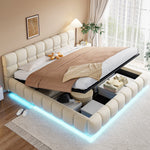 Upholstered Double Bed with Light Strip and Hydraulic Storage, 180x200cm, Beige Velvet Fabric