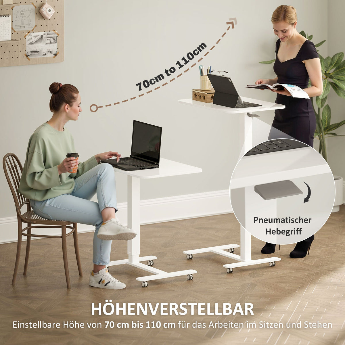C-Shaped Sit-Stand Desk, Height-Adjustable with Wheels, White