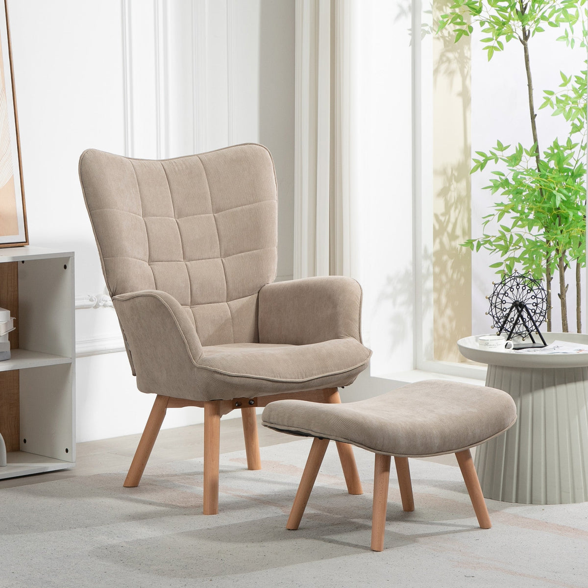 Wingback Chair with Footstool, Upholstered Relaxing Khaki Corduroy
