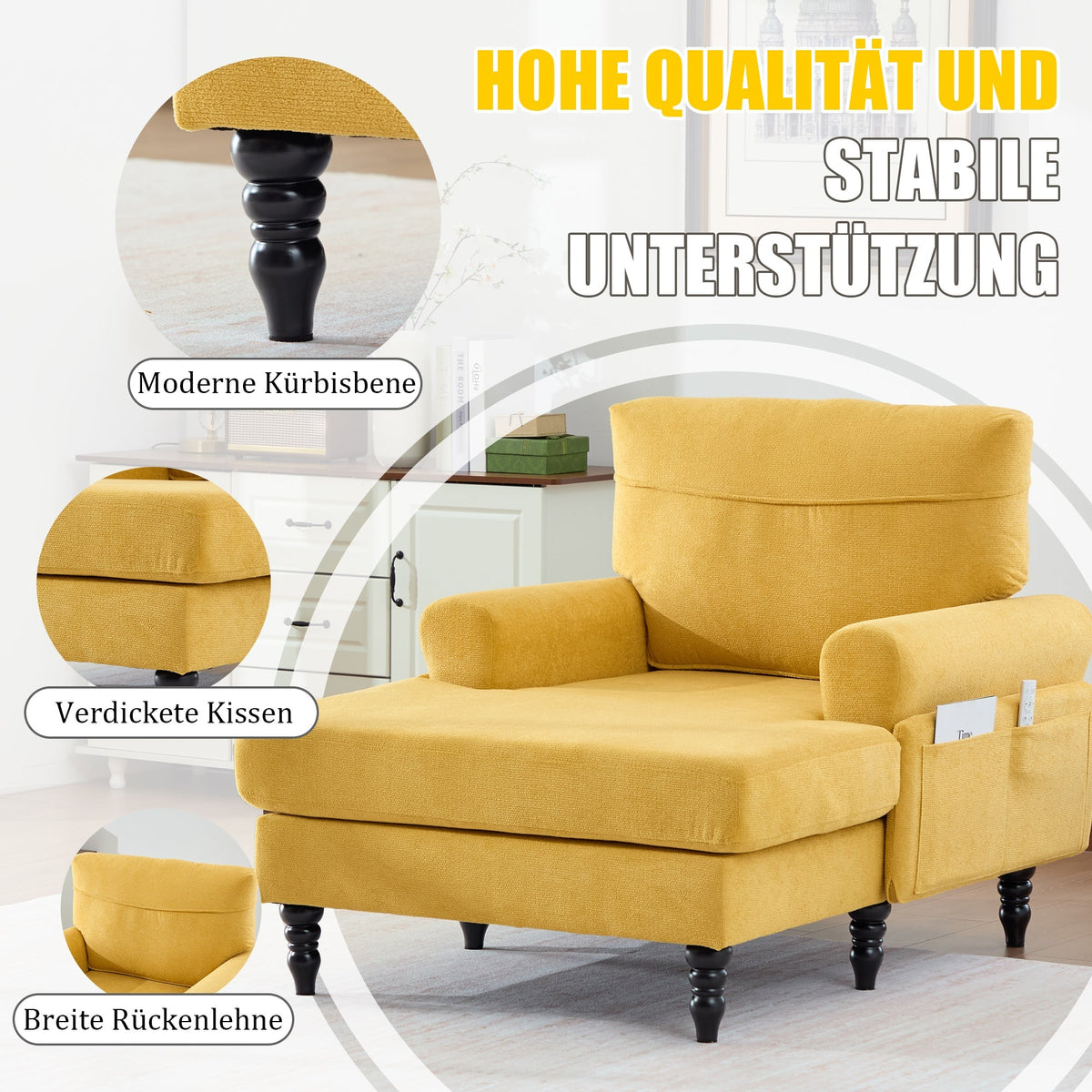 Single Sofa Lounger with Side Pockets and Wooden Legs, Chenille Fabric