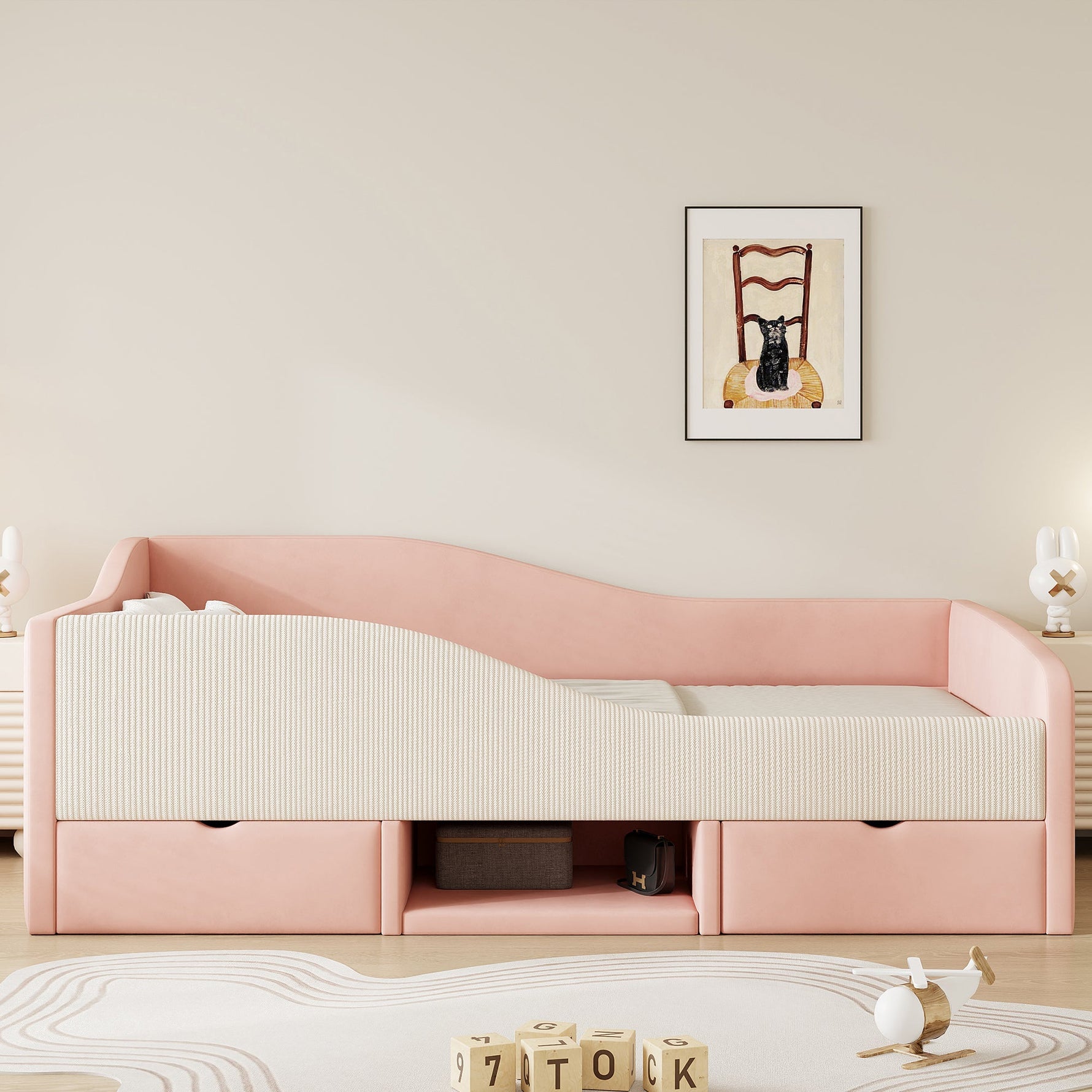 Upholstered Sofa Bed 90x190cm Multifunctional with Two Drawers and Railings Pink/Cream Velvet