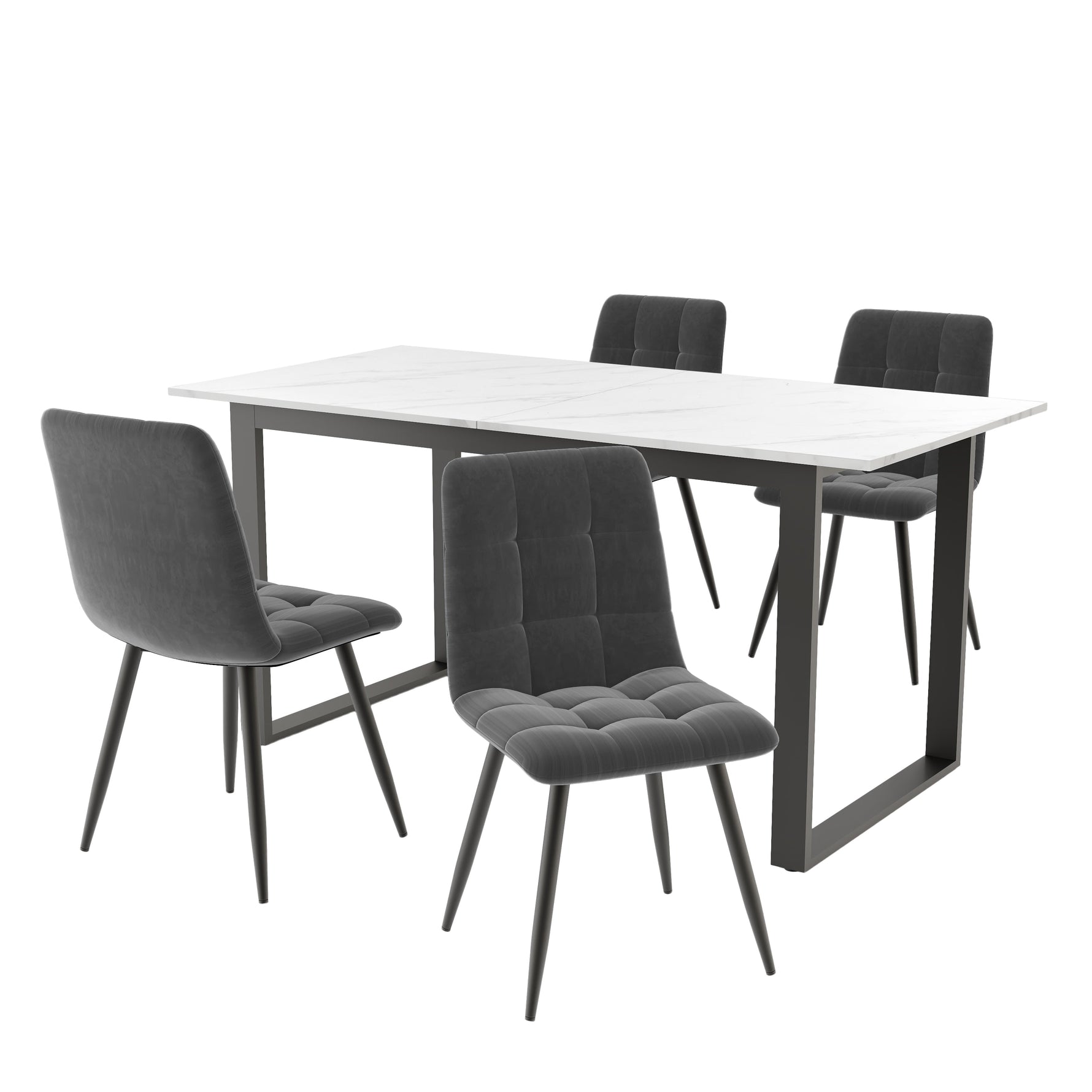 Dining Set 5-Piece, Extendable 140-180cm Table with 4 Modern Grey Velvet Chairs, White MDF Black Legs