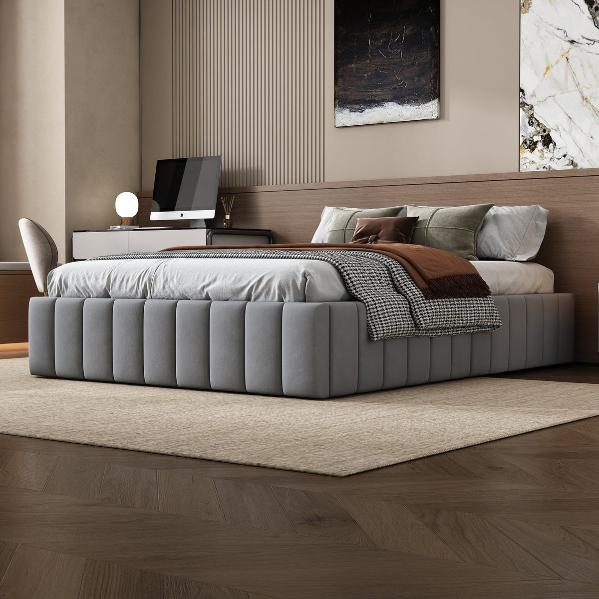 Upholstered Bed 140x200cm Slatted Base No Headboard - Grey
