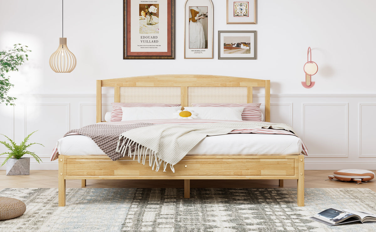 Double Rattan Bed 160x200cm, 15 Slats Pine + PE Rattan, Natural