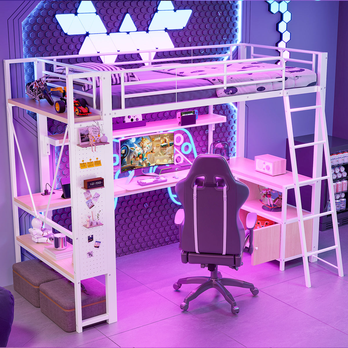 Loft Bed 90x200cm with Desk, LED & USB, White Iron Frame