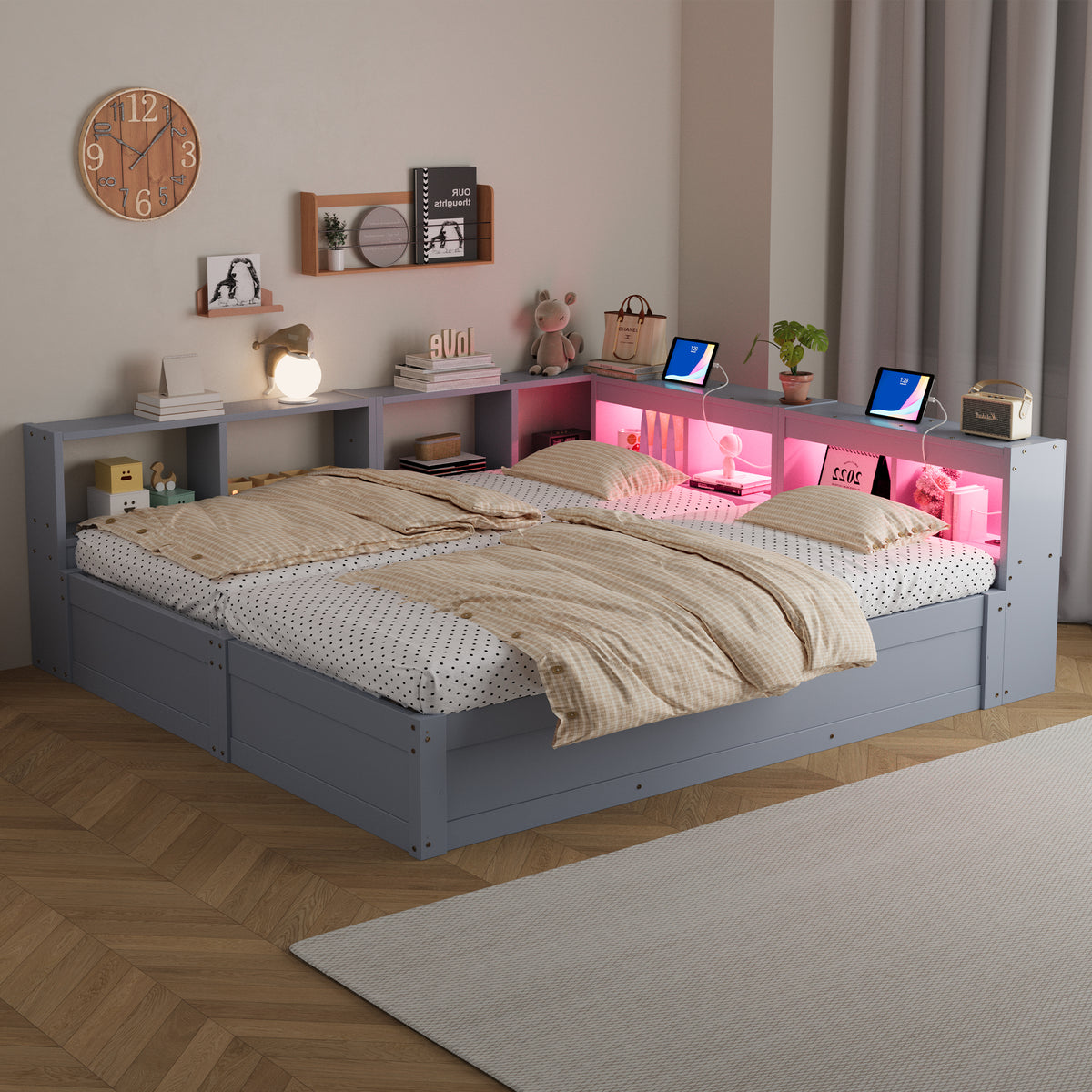 Sofa Bed 90/180x200cm with Hydraulic Storage & LED, Grey Wood