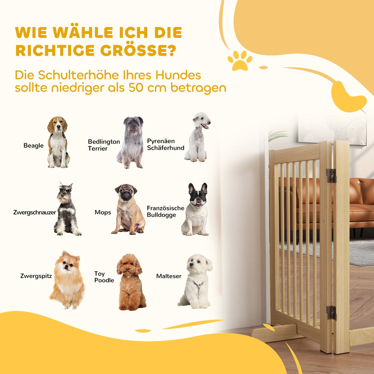 Dog Barrier 4-part 204 x 75 cm Foldable with Door, Wooden Natural