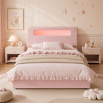 Children's Upholstered Bed 140x200cm with 4 Drawers & LED, Pink