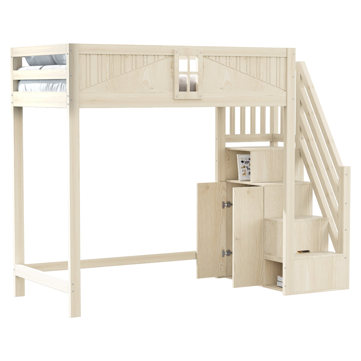 Solid Wood Loft Bed 90 x 200 cm with Safety Door and Storage Ladder, Wood Color
