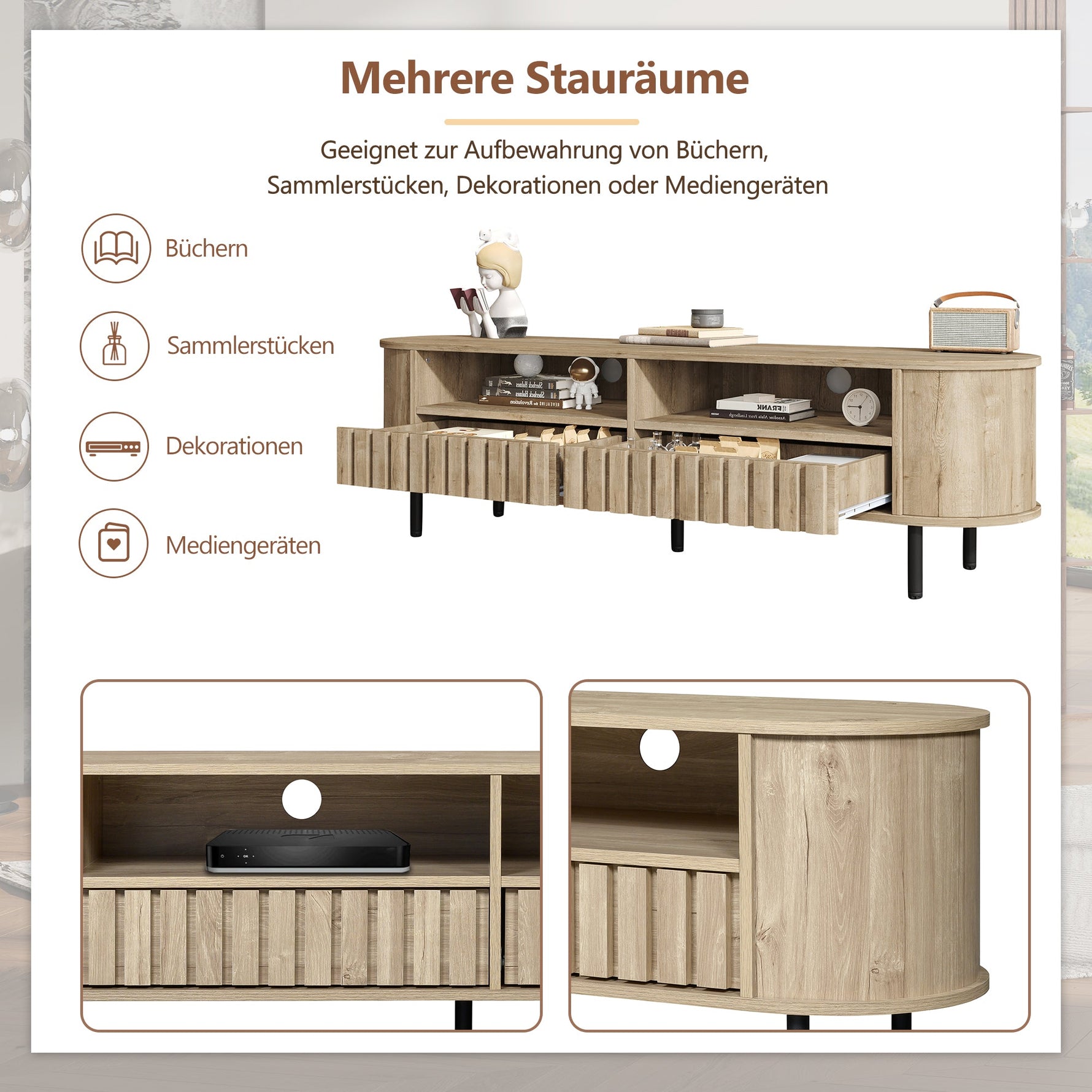 TV Cabinet Lowboard 160cm 2 Doors 2 Drawers for 65 Inch - Natural Wood