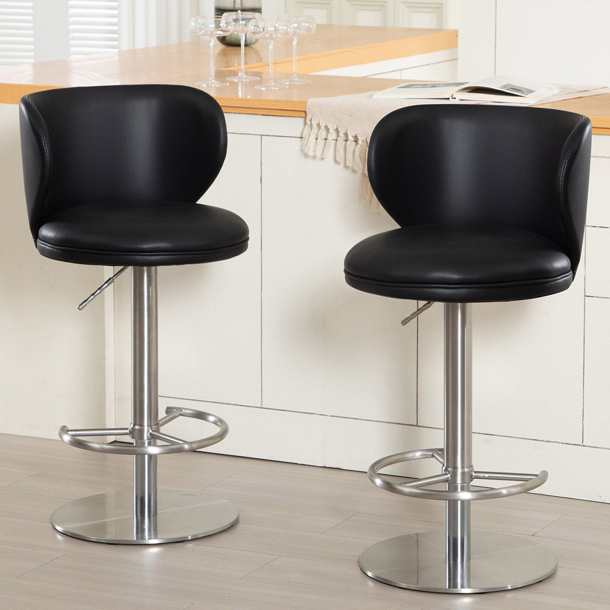 Bar Stools Modern Leather Swivel Adjustable Height Backrest - Black Titanium Stainless Steel