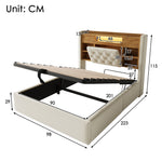 Upholstered Bed 90x200cm with Hydraulic Storage & LED, Beige Linen