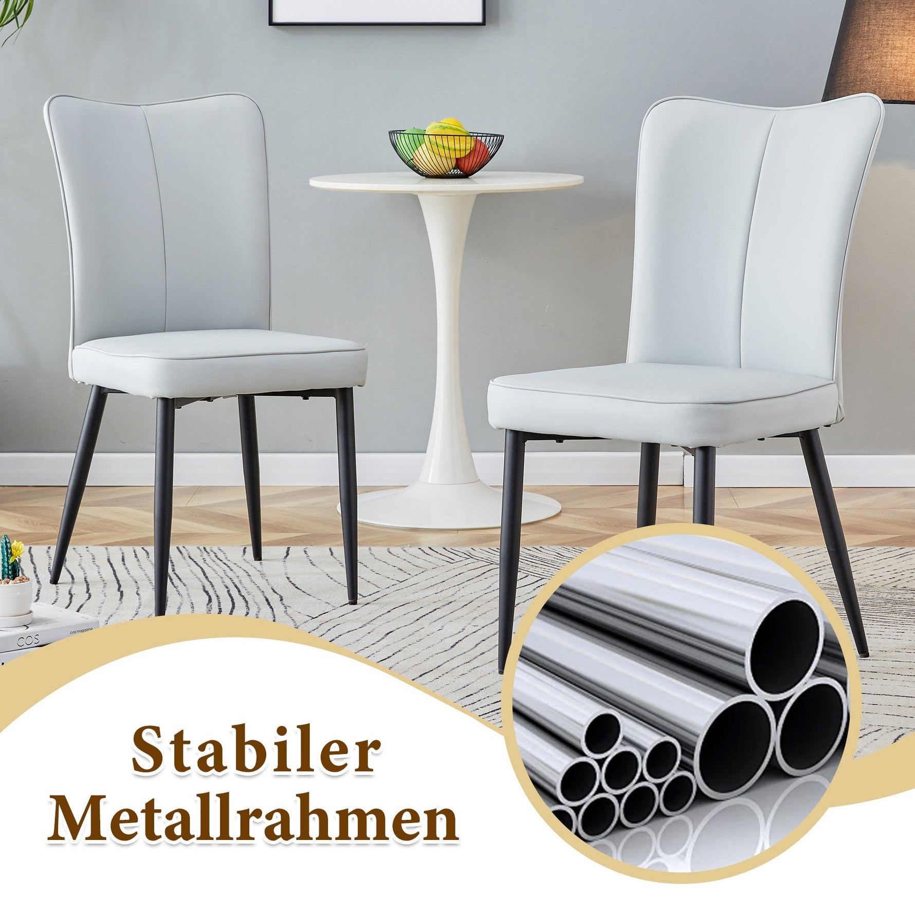 Round Table Set Modern Minimalist 100cm 4 Armchairs - Black/Light Grey PU