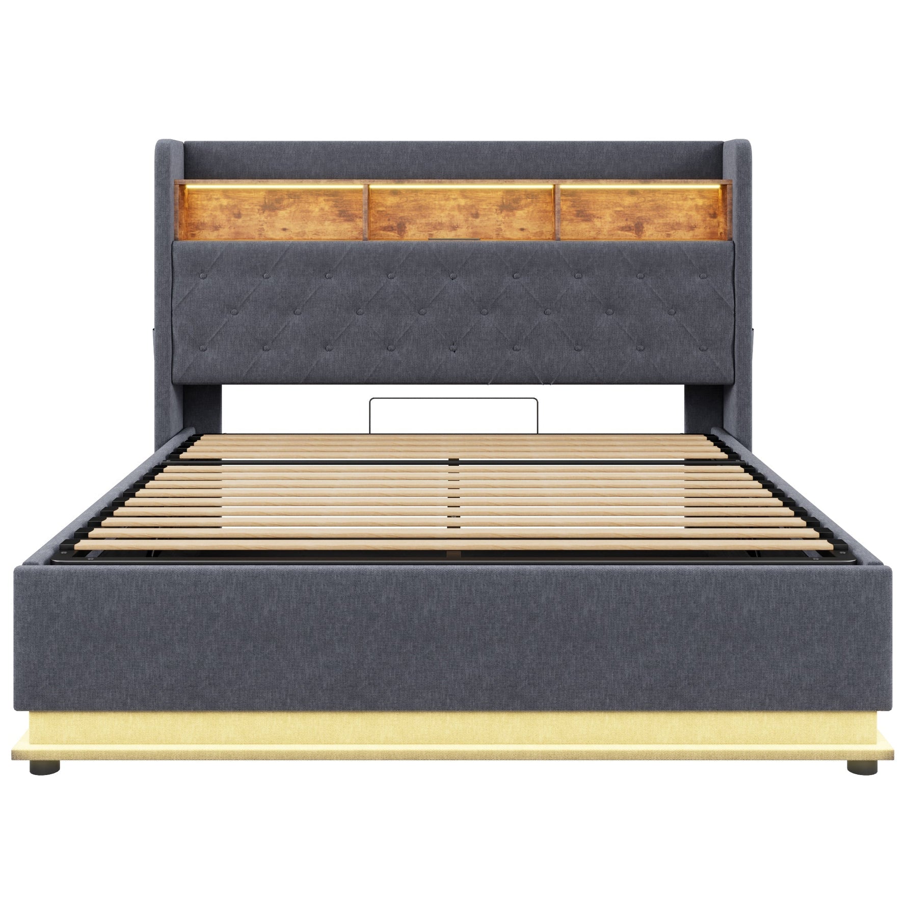 LED Upholstered Bed, 160x200cm, USB Charging, Hydraulic Storage, Linen Fabric, Grey