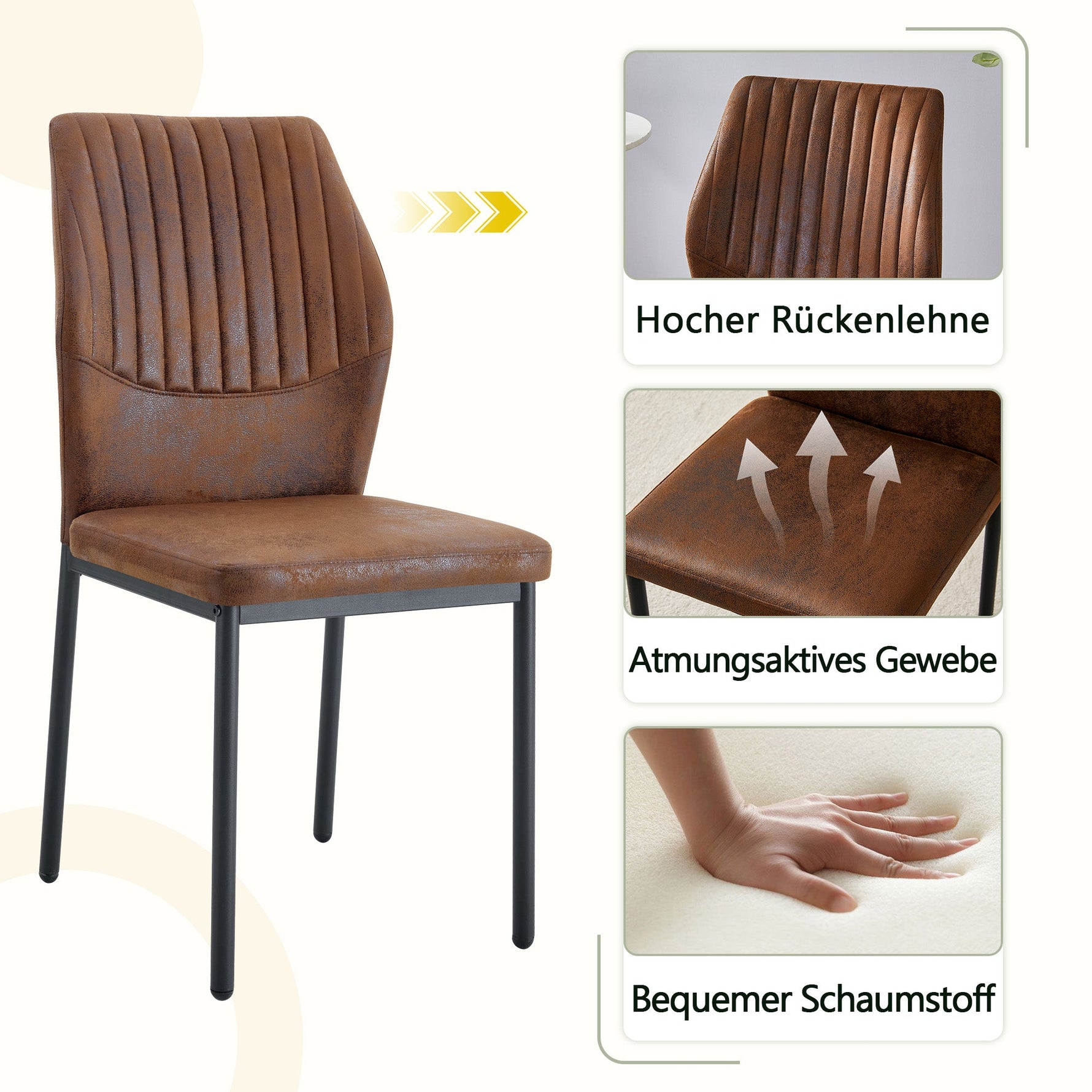 Dining Chairs Set of 4, Lightweight Luxury Style with Tech Fabric and Metal Legs, Brown and Black
