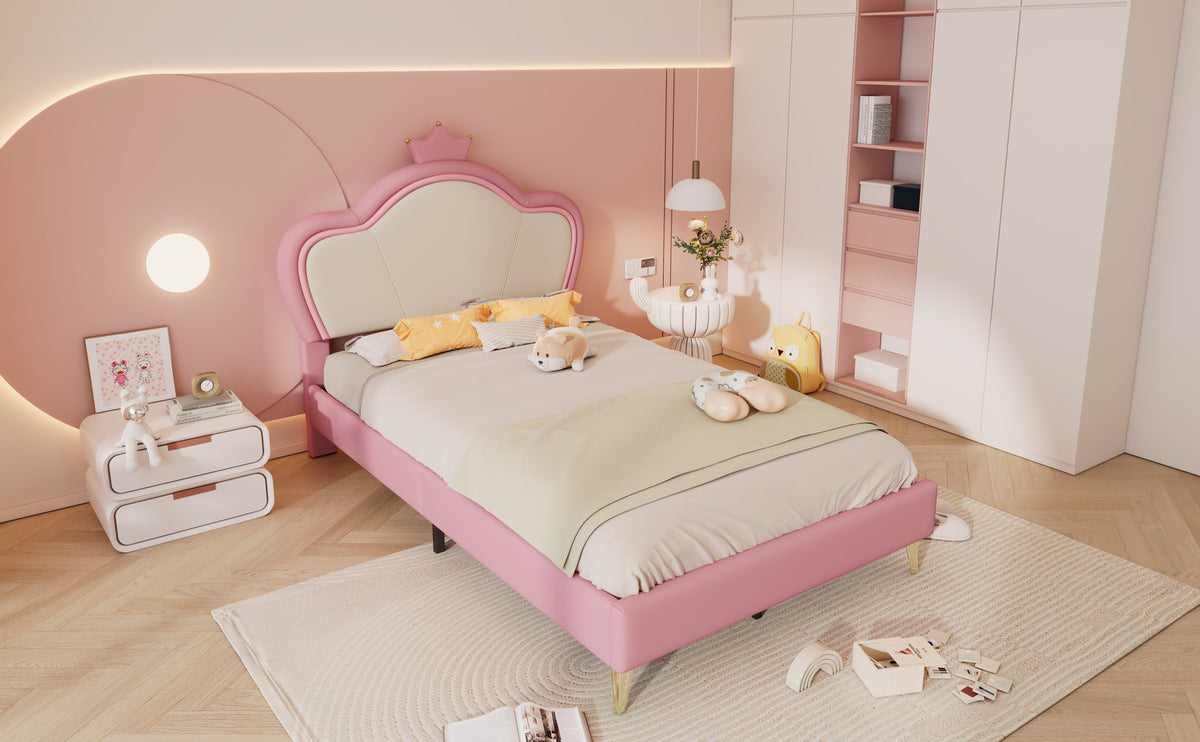 Upholstered Bed, Children's Single Bed with Crown Headboard & Metal Feet, PU Pink+White