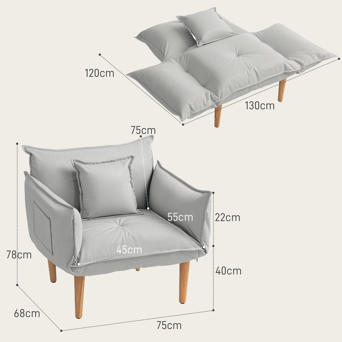 2-in-1 Armchair, Adjustable Backrest, Microfiber Cloth, Light Grey