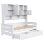 Wooden Sofa Bed, 90x200cm Multifunctional with Large Drawer & Slatted Frame, White
