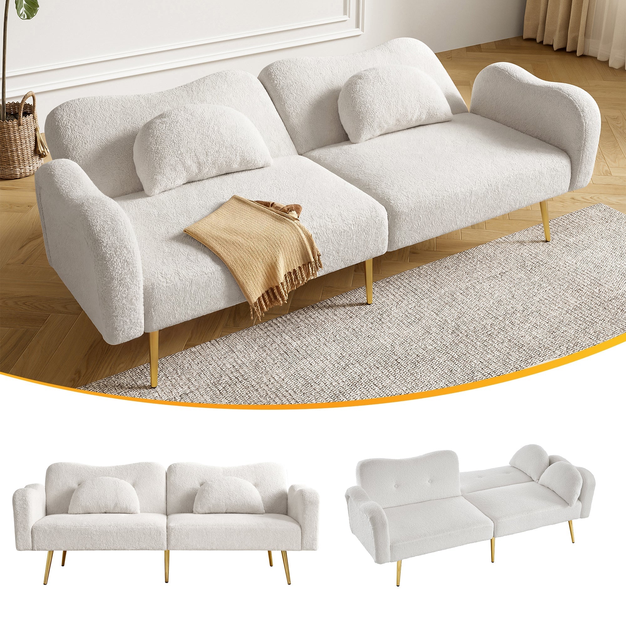 Two-Seater Sofa Bed Adjustable Backrest Gold Metal Feet