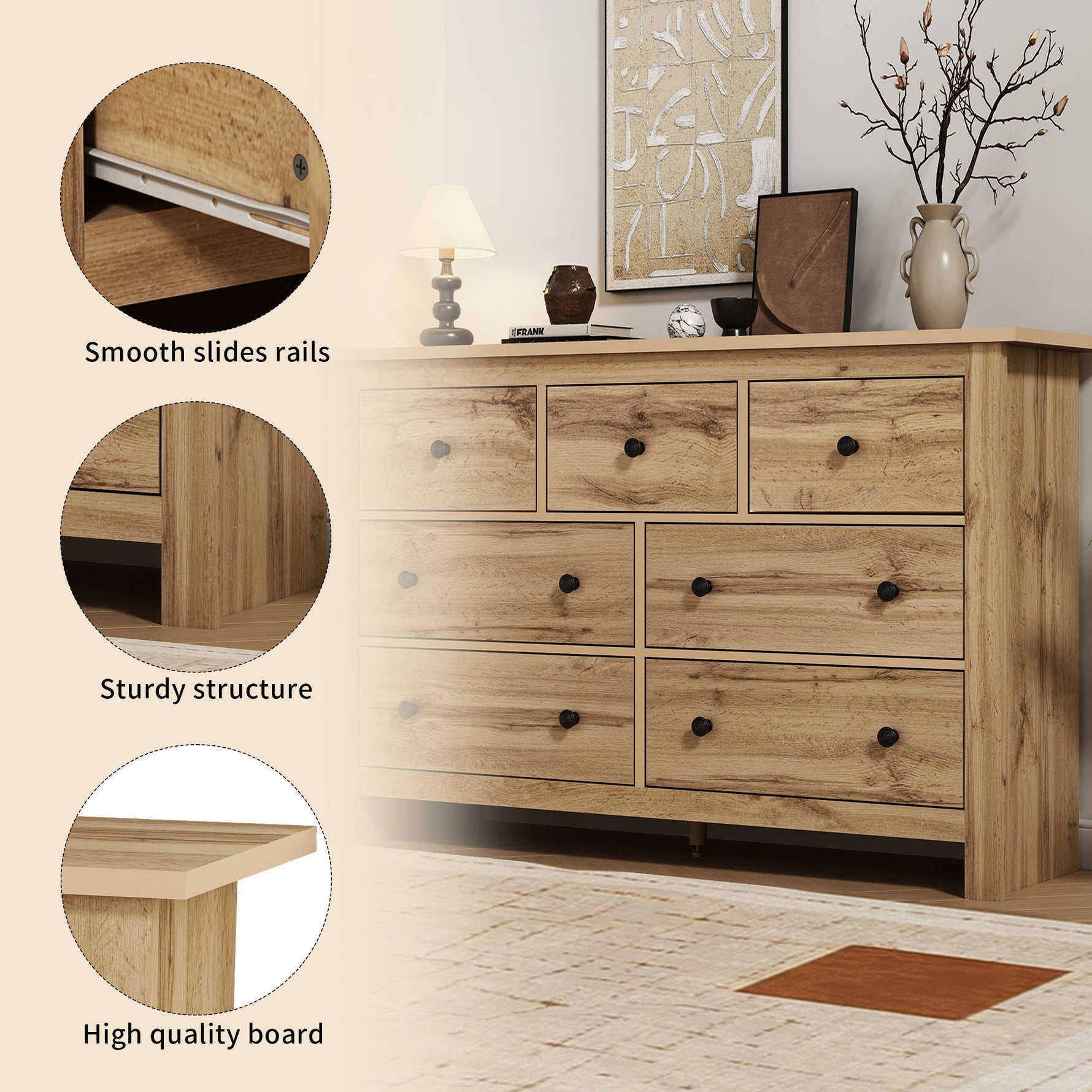 Dining Cabinet, Modern Minimalist Buffet with 7 Drawers, Original Wood