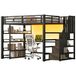 Metal Loft Bed with Stairs, Desk, Storage, USB and LED, 140x200, Black
