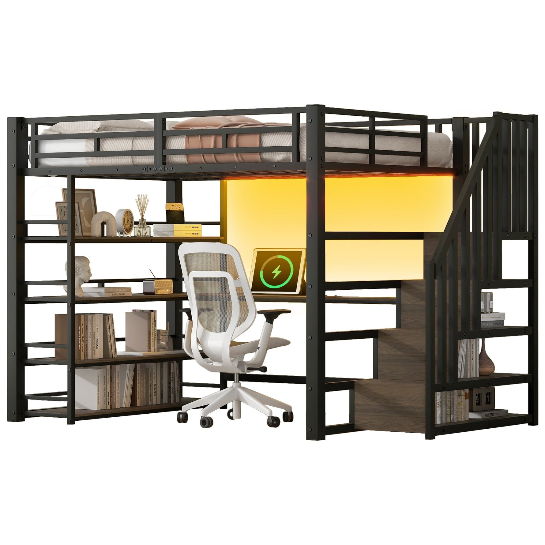 Metal Loft Bed with Stairs, Desk, Storage, USB and LED, 140x200, Black