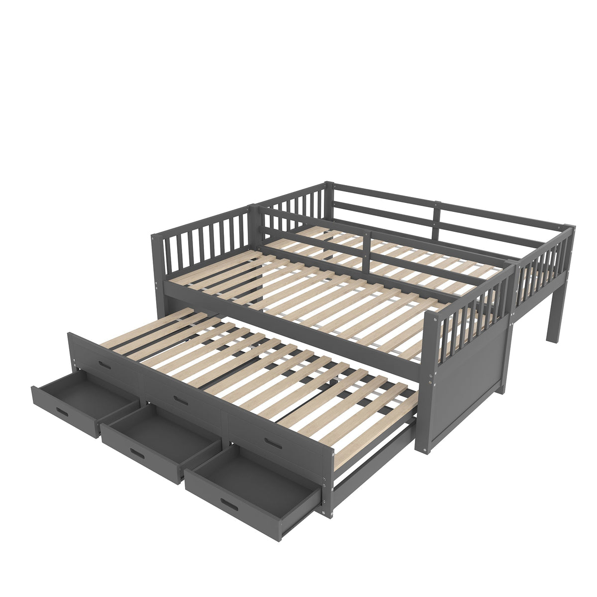 Bunk Bed House Bed 90x200cm Pull-out Bed Ladder and 3 Drawers Grey