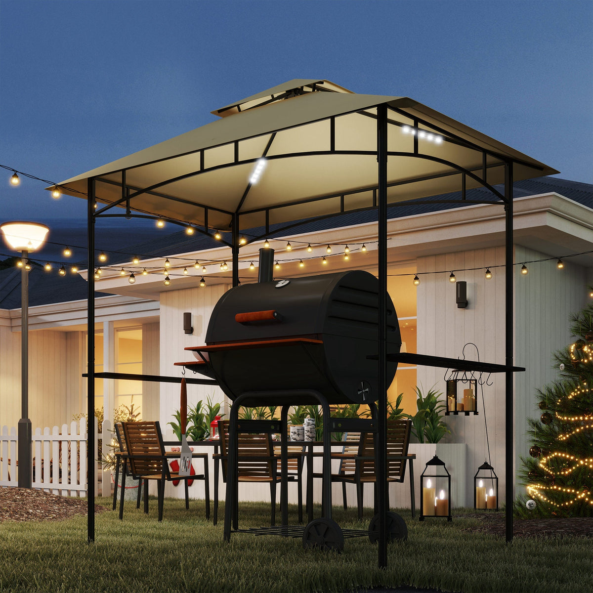 BBQ Pavilion, LED Double-layer Roof Side Shelves, Beige