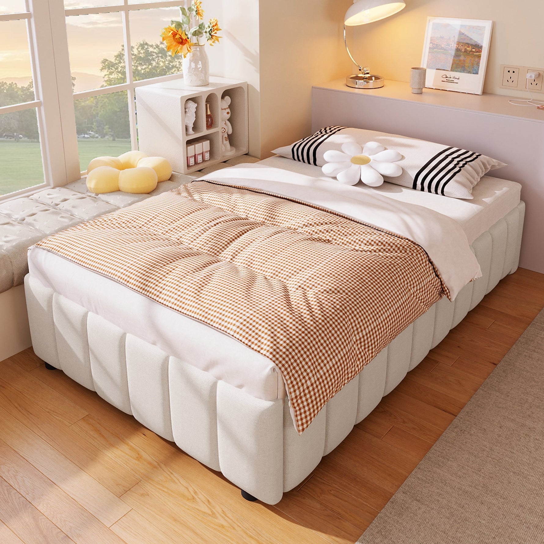 Upholstered Bed 90x200cm Hydraulic Storage - Beige