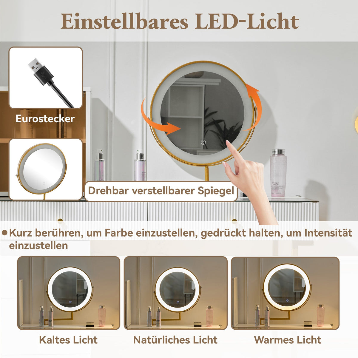 Dressing table set with LED-illuminated mirror, transparent tempered glass tabletop, side cabinet, white